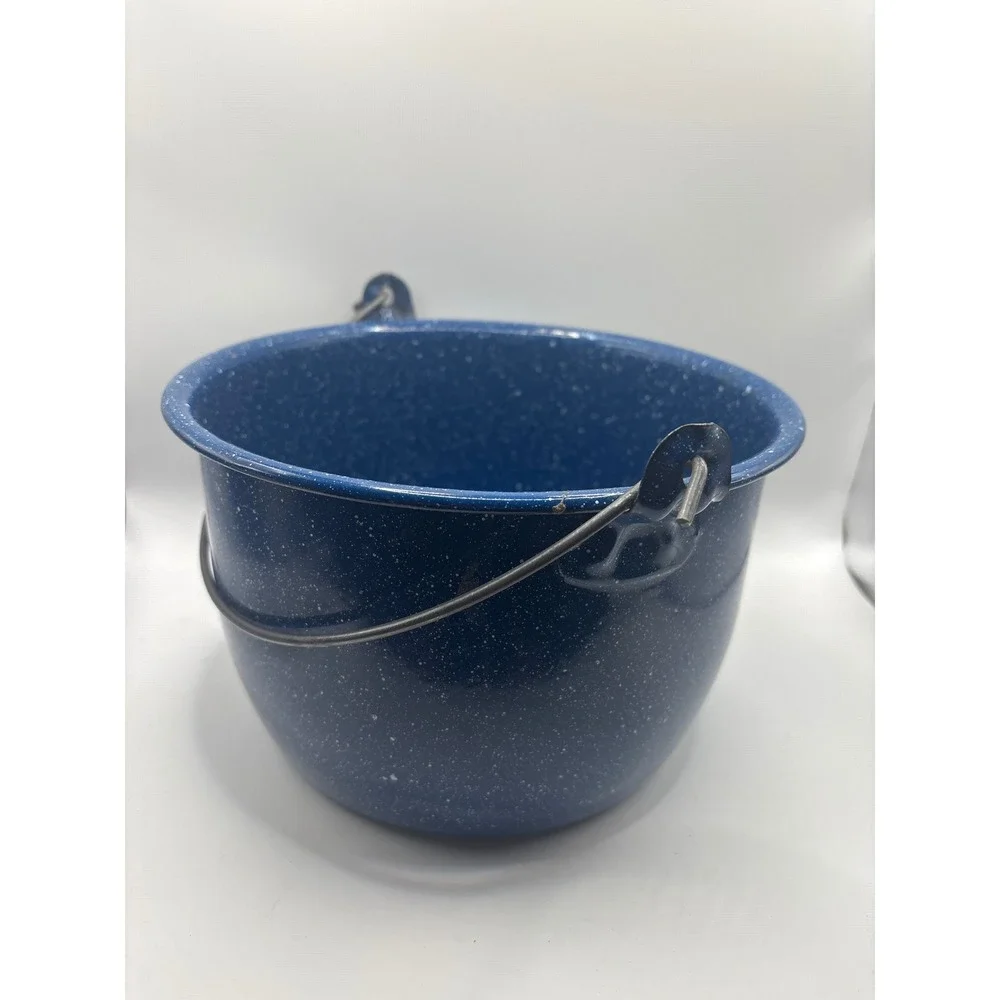 Vintage Blue Speckle Enamelware Pot Wire Bail Handle Graniteware Farmhouse Decor